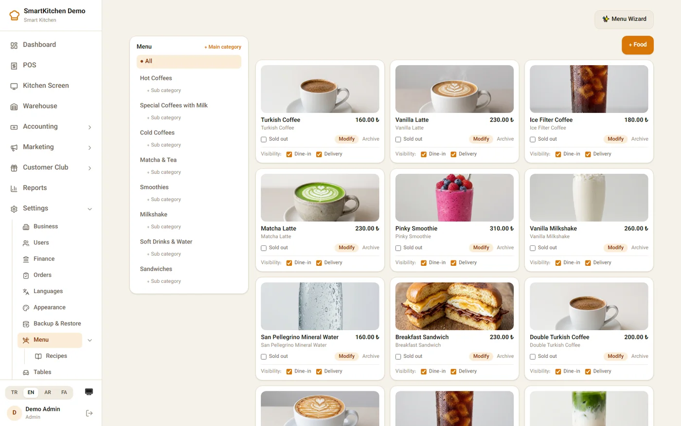 Menu management page listing categories and food items with photos and prices