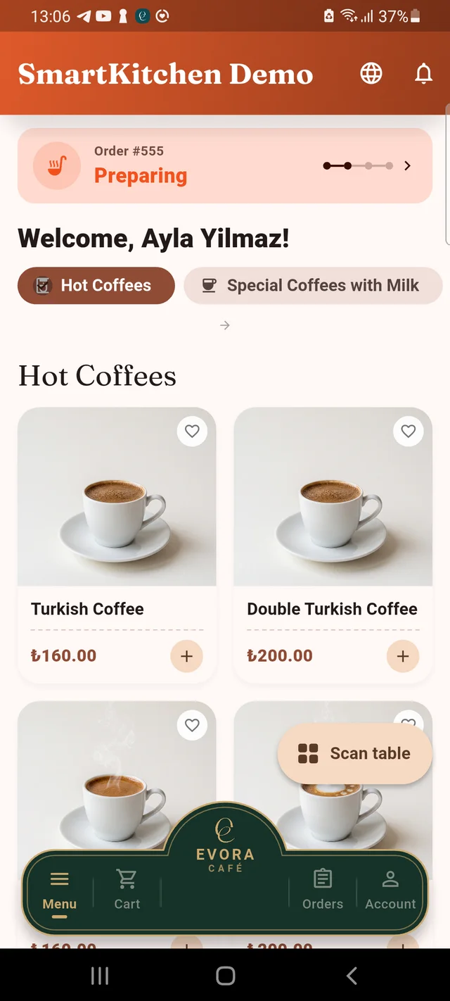 SmartKitchen customer app home screen with a live order status banner