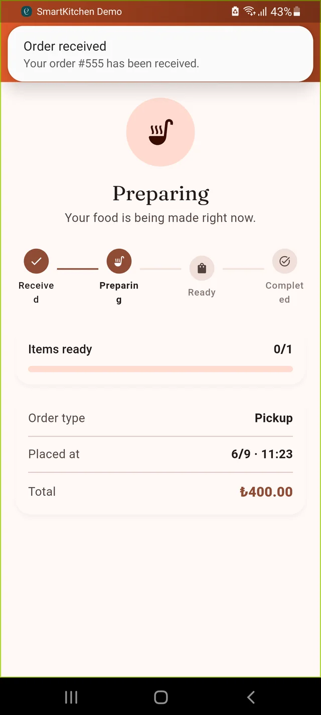 Live order status screen showing preparing stage